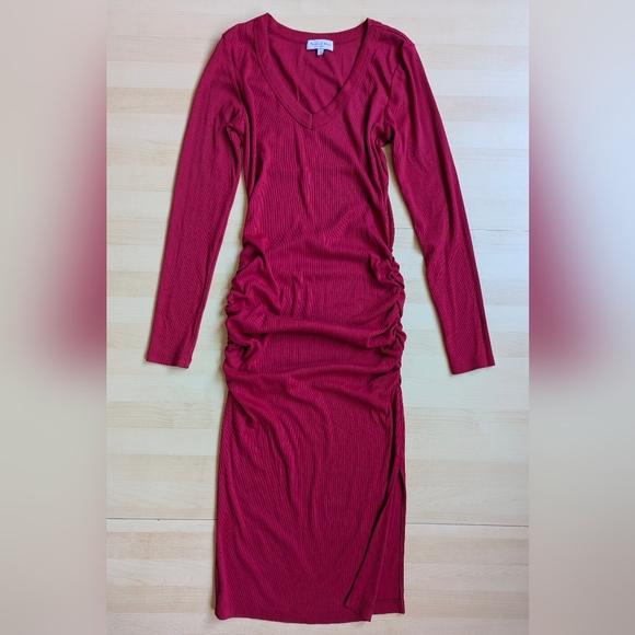 Michael Stars Made in USA Red Nova Cotton Modal Bodycon Midi Dress Long Sleeve - Picture 2 of 13